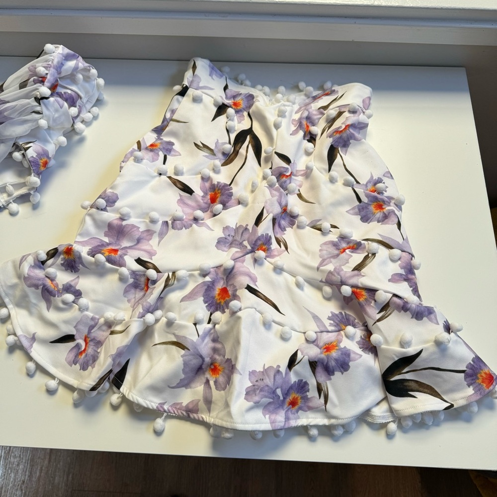 Skirt Set Floral pom pom trim Bodice off shoulder sheer sleeve crop top purple - Picture 3 of 15